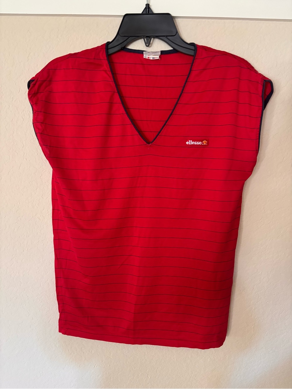 Vintage Ellesse Red Tennis Top with Thin Navy Stripes